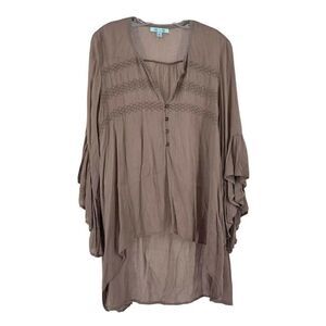 Bohemian Bell Sleeve Blouse V Neck Taupe Flare Button Relaxed Size M She + Sky